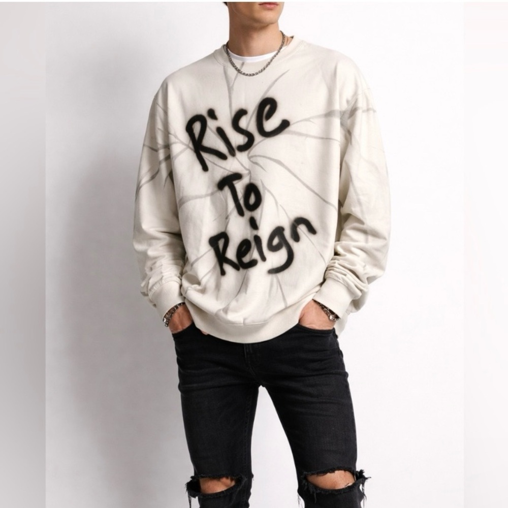 NWT LEFT POINT Rise To Reign Spray Paint Graphic Knit Sweater in Ecru, Sz Small